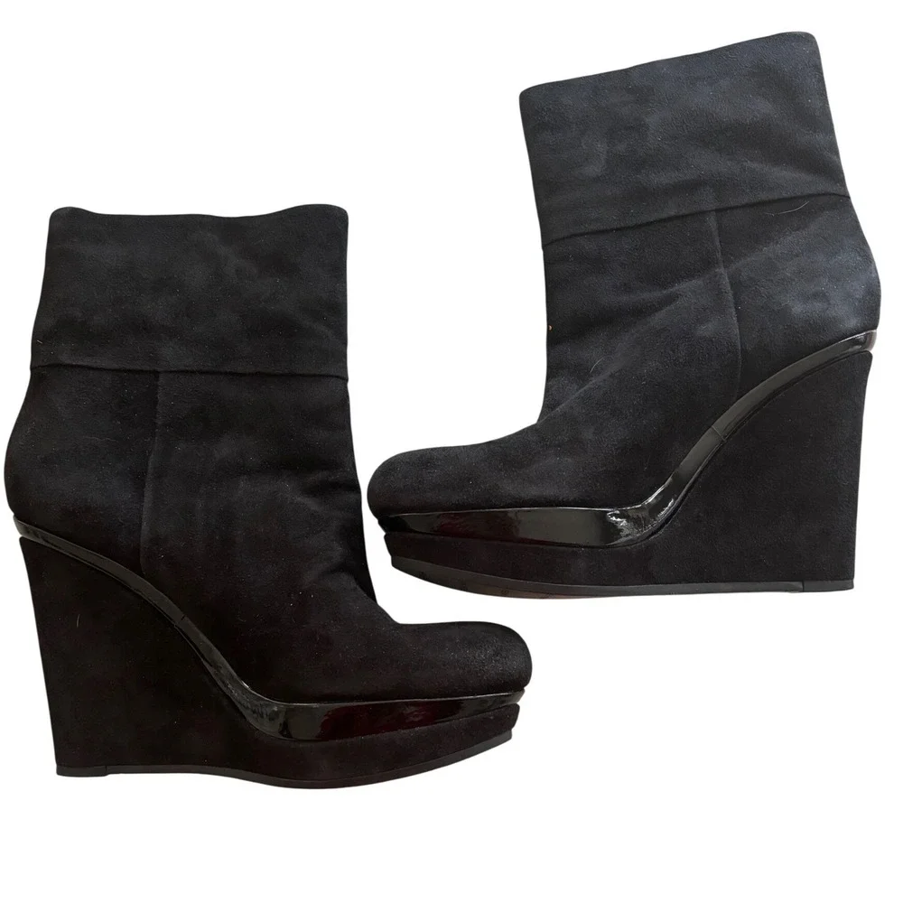 Via Spiga Black Suede Wedge Ankle Boots Patent‎ Trim Platform  7.5 M